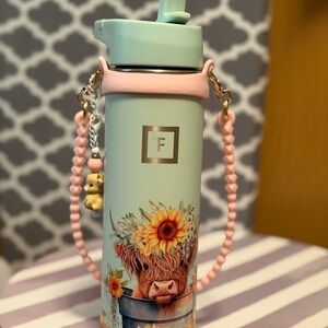 Highland Cow & Floral Water Bottle with Pink Strap